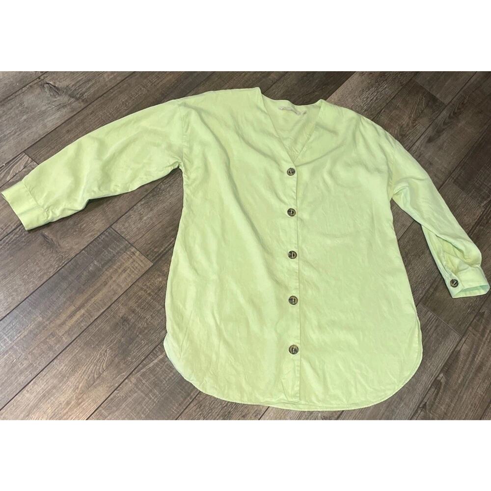 Soft Surroundings M Chartreuse Tunic Wendy V Neck Blouse Lagenlook Button Up M